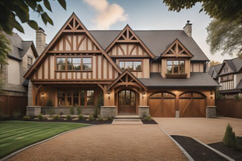 Tudor style family house exterior with gable roof and timber framing.