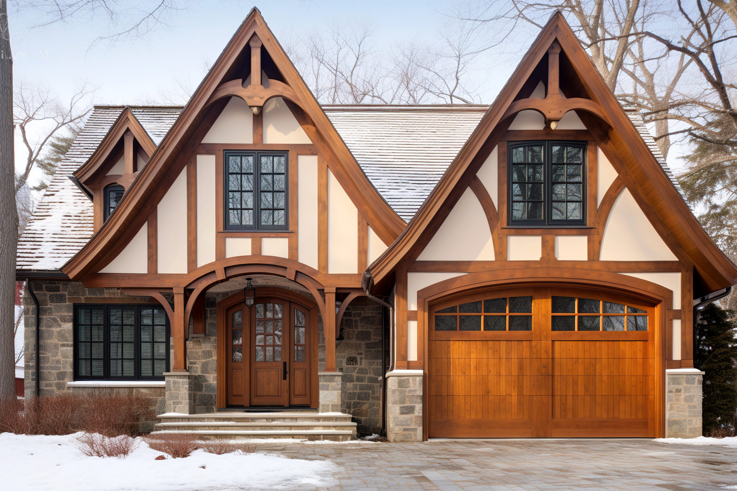 Wooden garage doors in home cottage. 