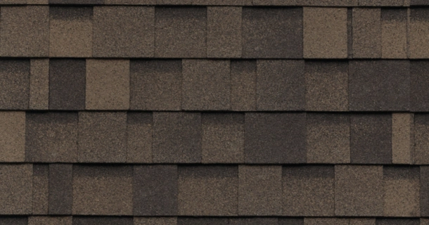 Close-up of a brown asphalt shingle roof with a rectangular pattern.