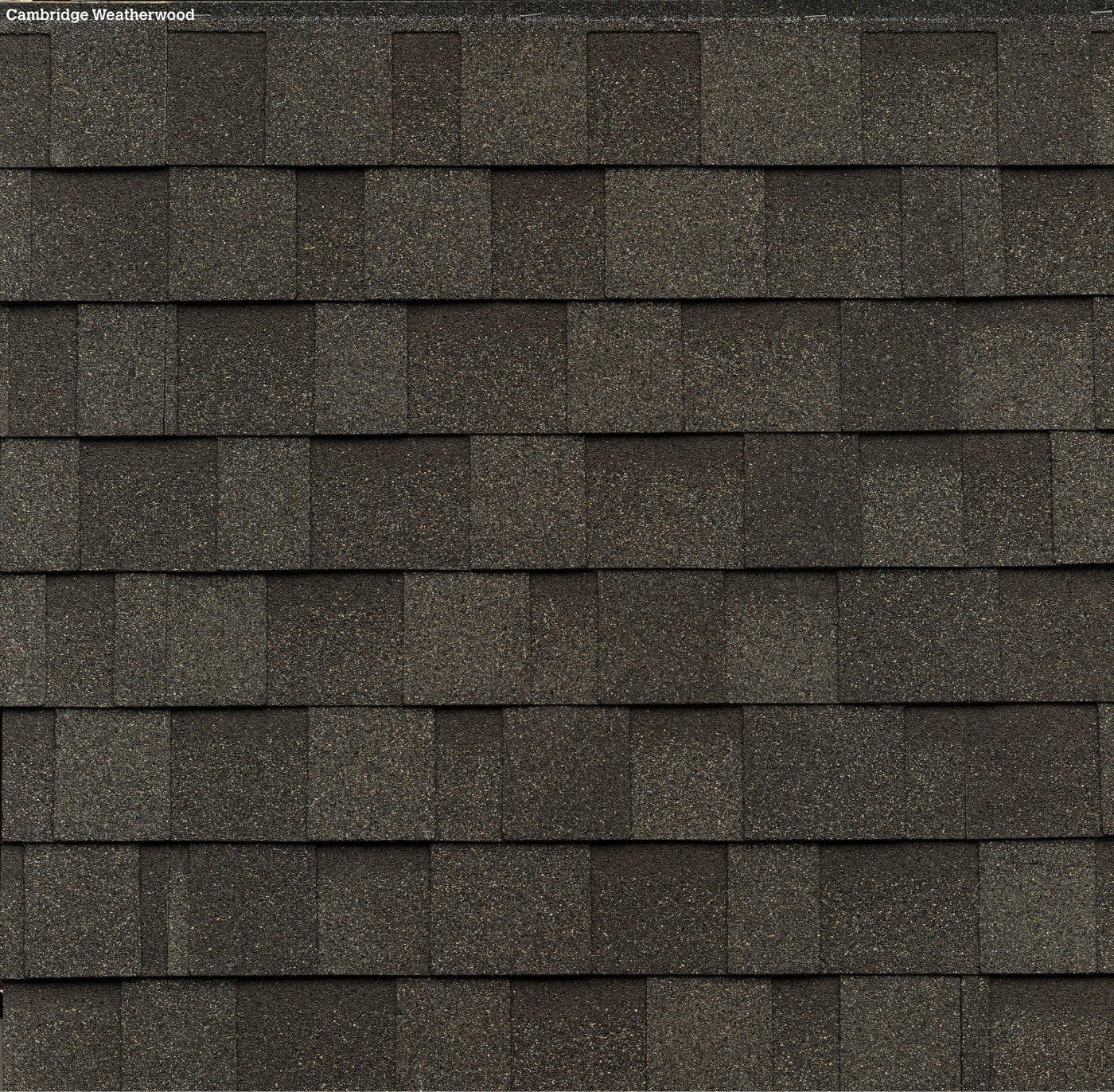 A close-up of overlapping asphalt shingles in a Weatherwood hue, arranged in a patterned layout reminiscent of the classic Cambridge style.