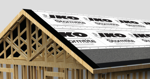 Roof underlayment installation featuring IKO Stormtite material, with a small circular inset highlighting a roll of the material. This display also emphasizes the inclusion of Edge Seal® technology for enhanced protection and durability.