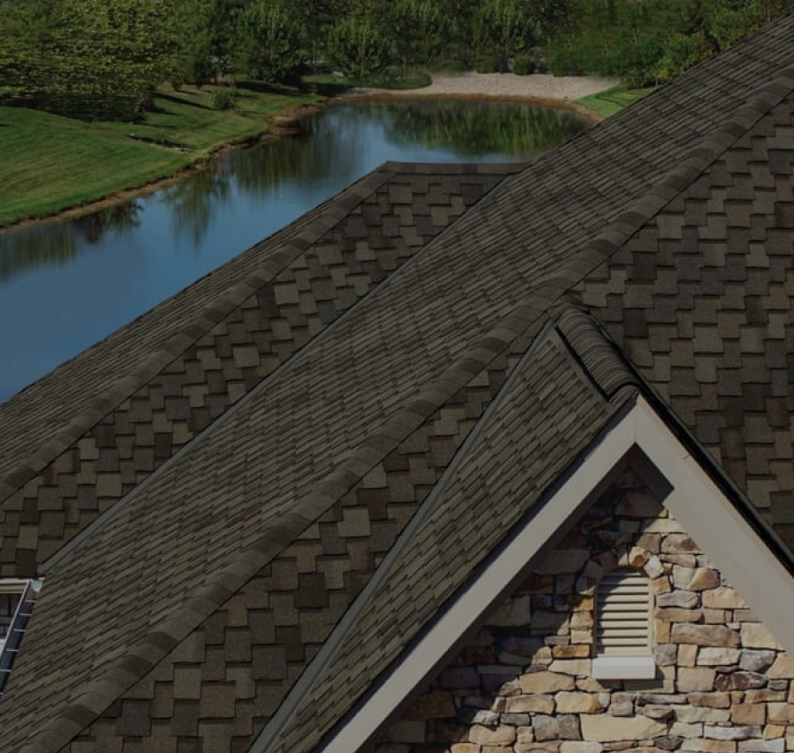 Roof with dark shingles and a partial view of a stone chimney. A peaceful lake and trees are visible in the background.