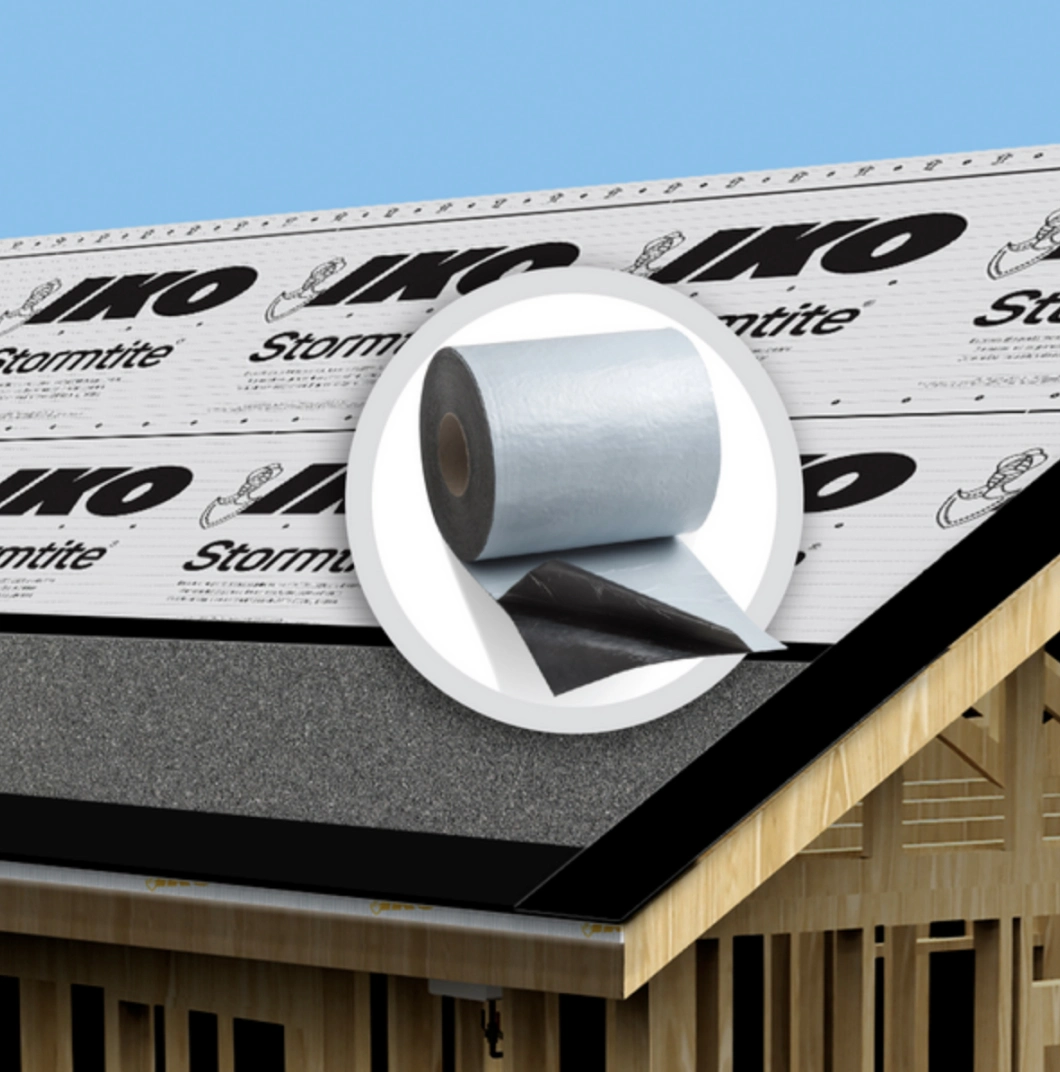 Roof underlayment installation featuring IKO Stormtite material, with a small circular inset highlighting a roll of the material. This display also emphasizes the inclusion of Edge Seal® technology for enhanced protection and durability.