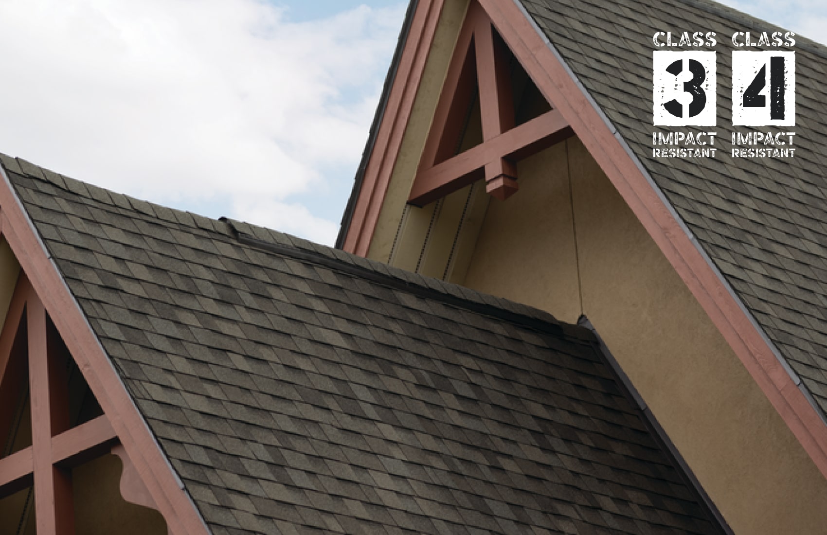 Roof with dark gray shingles and triangular rooflines, labeled as Class 3 and 4 impact resistant. Cloudy sky in the background.