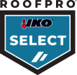 Logo featuring the words "Roof Pro Select" with the "IKO" logo above. The design includes a stylized roof icon and a shield shape in blue and black.