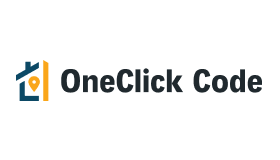 Logo of OneClick Code with a stylized house icon on the left and the company name in black text on the right.