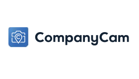 Logo of CompanyCam with a blue icon featuring a camera and location pin, followed by the company name in navy text.