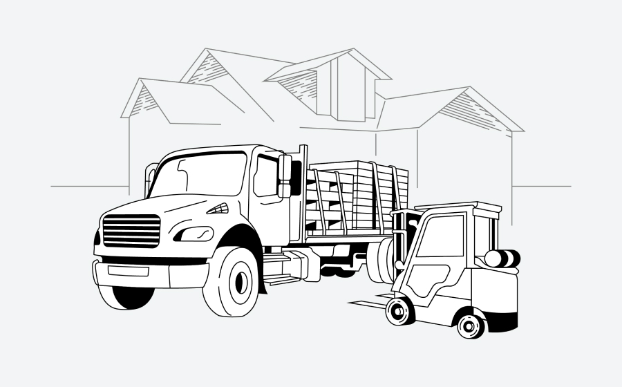 Illustration of a truck being loaded with pallets by a forklift in front of a warehouse.