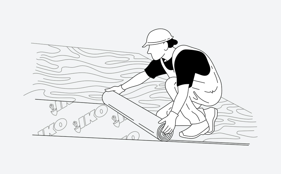 Illustration of a worker in a hard hat kneeling and unrolling roofing material on a surface.