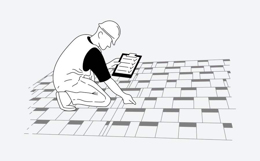 Illustration of a construction worker in a hard hat inspecting a tiled floor and holding a clipboard with a checklist.