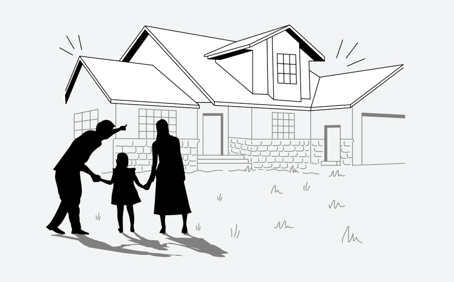 Silhouette of a family with a child standing in front of a house, pointing and holding hands.