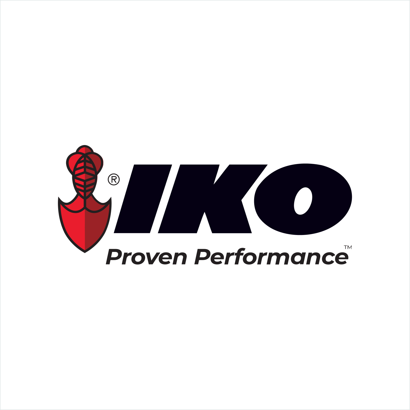 IKO's primary logo showcases a red shield emblem with the text "Proven Performance" elegantly stacked beneath the brand name.