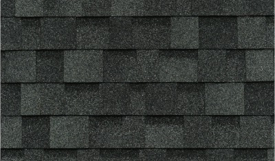 A close-up of Cambridge charcoal grey asphalt shingles arranged in horizontal rows on a roof.