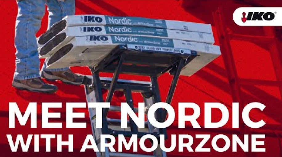 A man stacks roofing materials on a ladder platform against a striking red background. Text reads, "Meet IKO Nordic with ArmourZone" alongside the "IKO" logo in the corner.