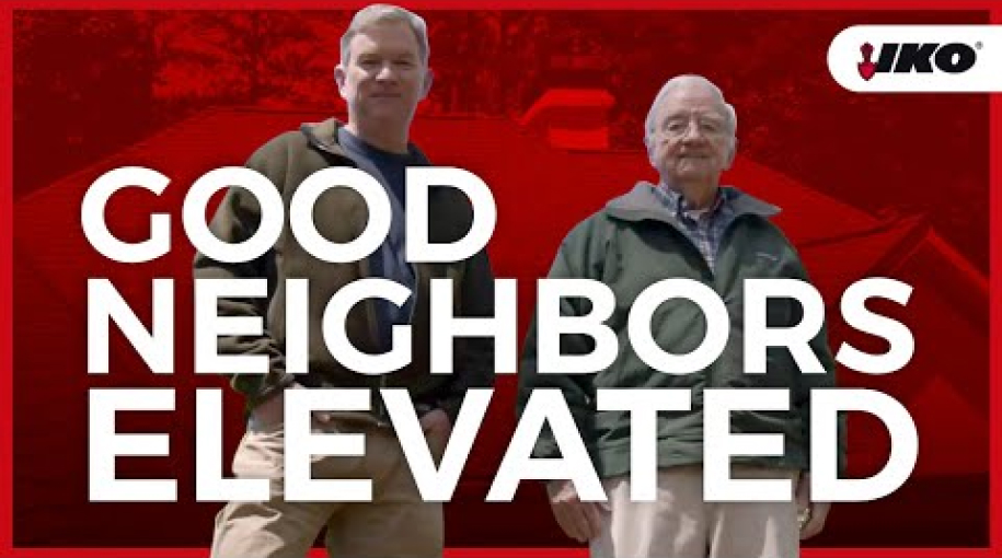 Two men stand confidently in front of a house with a red roof. Text reads "GOOD NEIGHBORS ELEVATED," highlighting Sparrow Exteriors' dedication. The IKO logo sits proudly in the corner, signaling their trusted partnership with this leading roofing company.