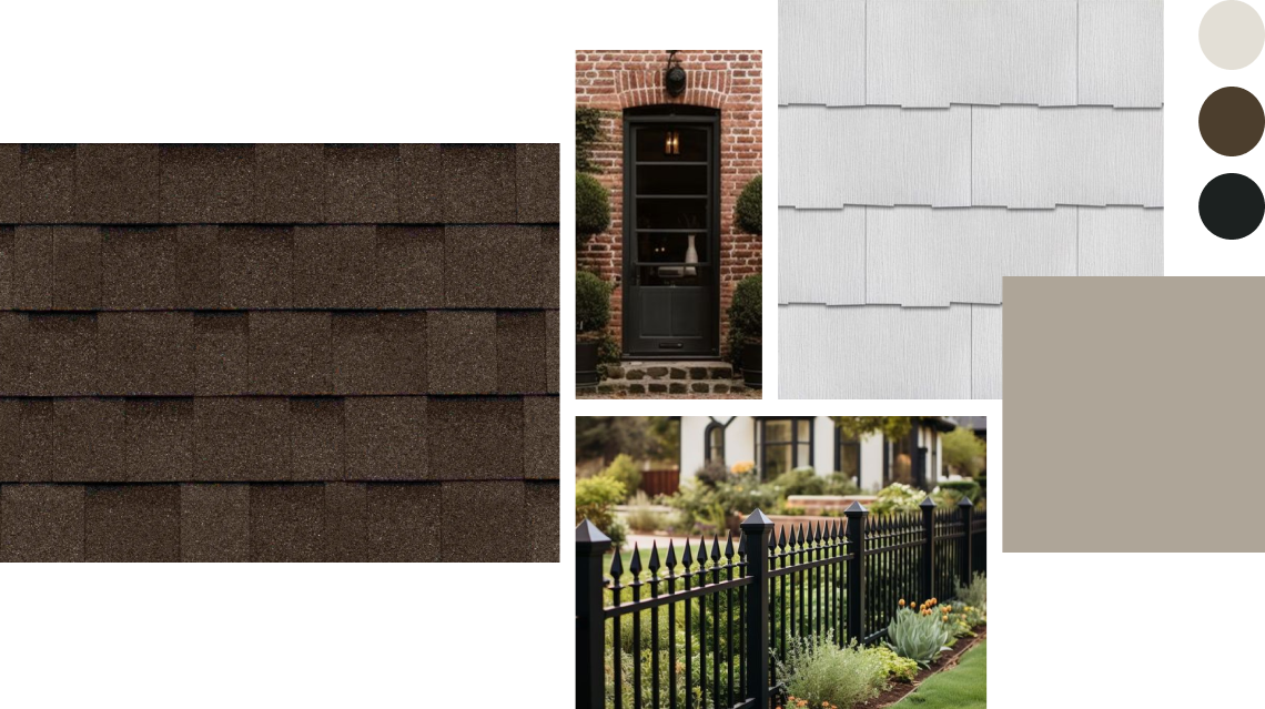 Exterior design inspiration collage featuring brown shingles, a brick facade with a black door, white siding, a beige swatch, and a black metal fence with landscaping. Color palette included.