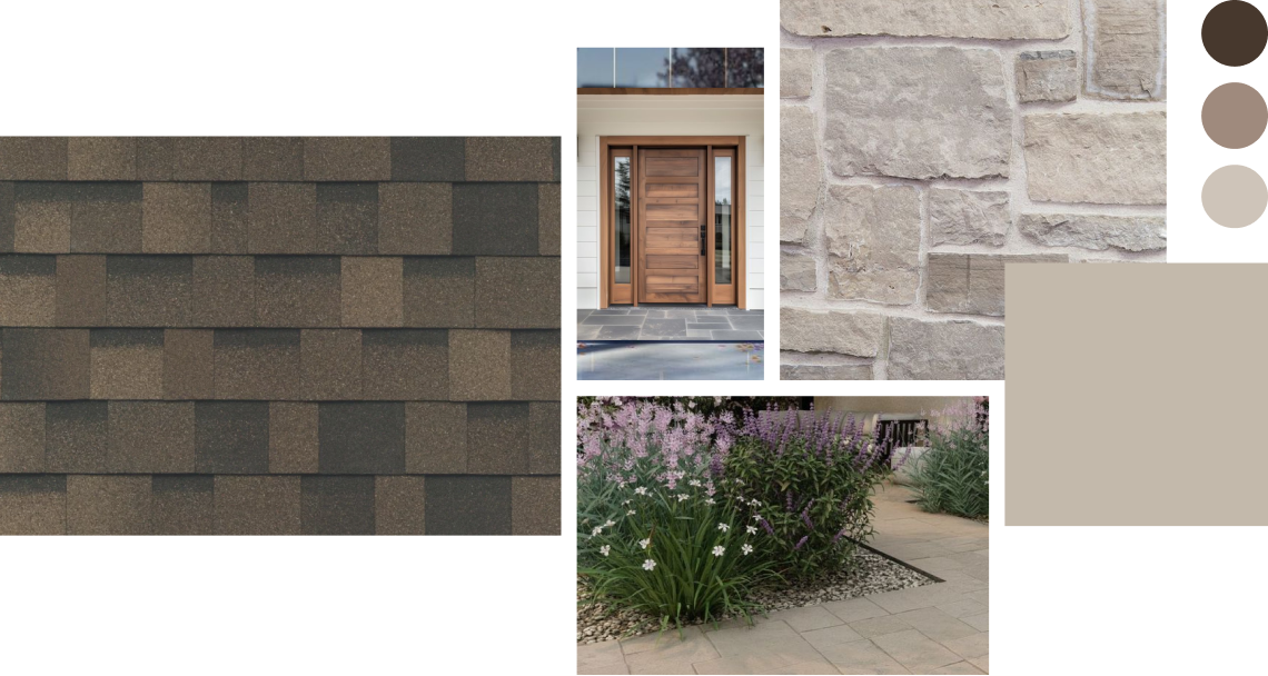 Collage of home exterior design elements: brown roof shingles, wooden door, stone wall, and flower-lined pathway. Includes three small color swatches for inspiration: dark brown, tan, and light beige.