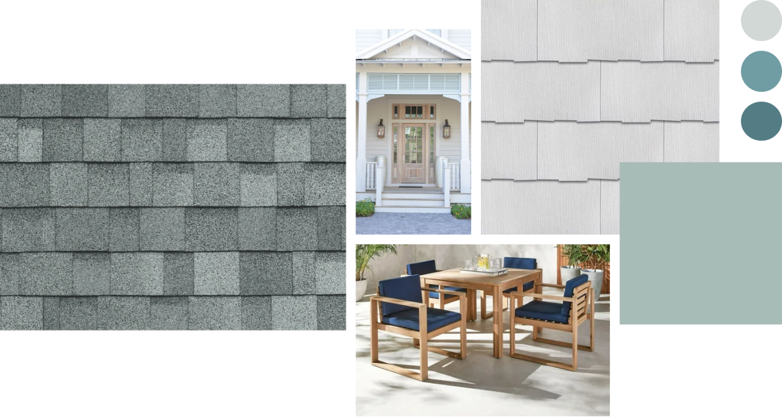 Collage offering design inspiration with gray shingles, a welcoming front porch, horizontal siding, three paint swatches, and a wooden outdoor dining set adorned with navy cushions.