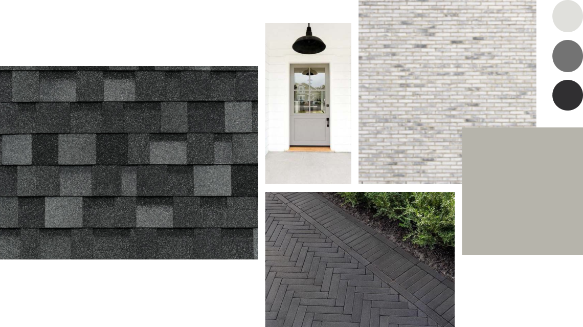 A collage offering design inspiration, featuring dark roof shingles, a gray brick wall, a light gray door, black herringbone paving, color swatches, and a white wall highlighted by a sleek black light fixture.