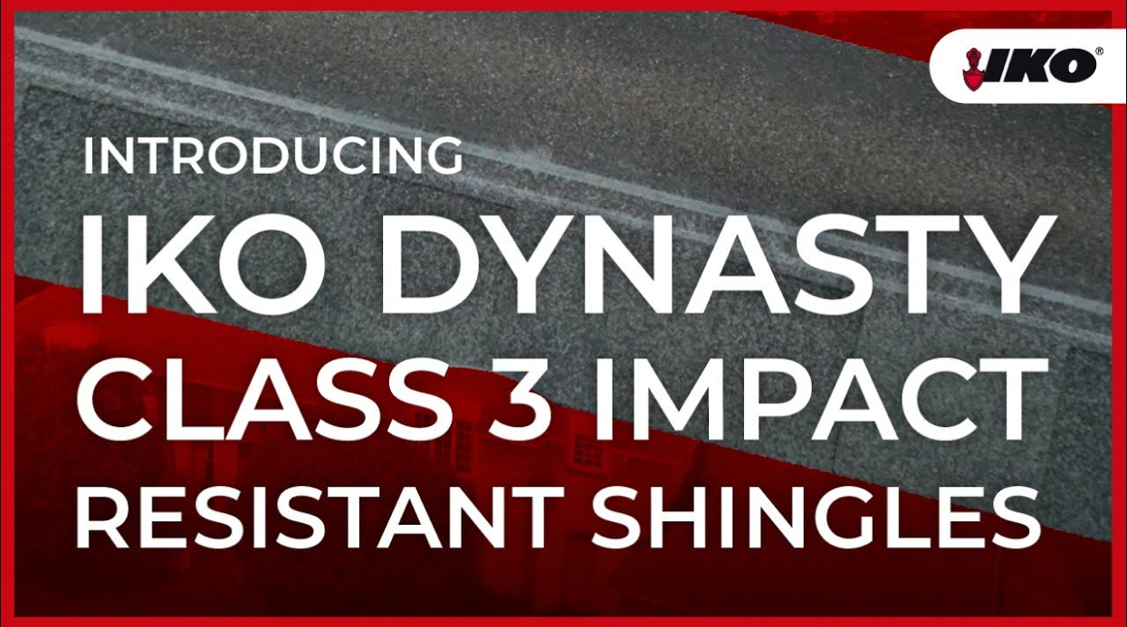 Promotional image showcasing IKO Dynasty Class 3 Impact Resistant Shingles, set against a striking red and gray background with the iconic IKO logo in the top right corner.