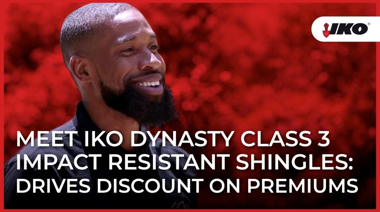 A man smiles against a red backdrop, highlighting IKO Dynasty's Class 3 Impact Resistant Shingles and the insurance premiums discount they offer.