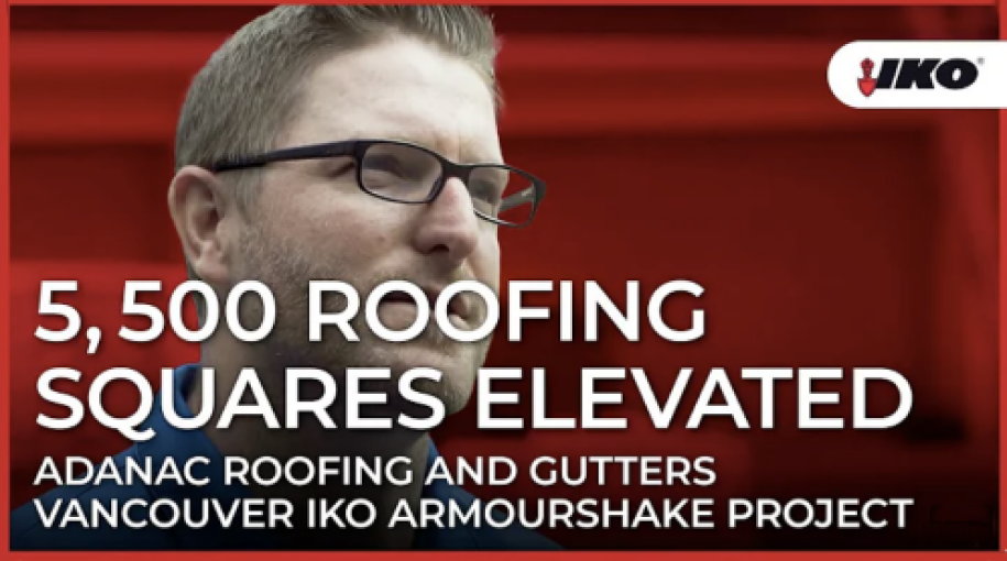 Man in glasses with text overlay highlights Adanac Roofing and Gutters' impressive feat: completing a 5,500 roofing squares project in Vancouver using IKO Armourshake.