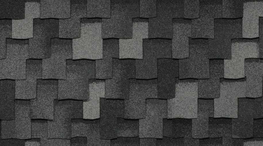 Close-up of overlapping black and gray asphalt shingles on a roof, showcasing the sleek Greystone texture in the popular Armourshake style from IKO Roof Shingle Colors.