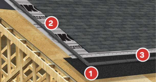 A house with a gabled roof, grey shingles, stone facade, and green window shutters offers robust storm shield features. One section of the roof is currently under construction, ensuring enhanced weather protection.