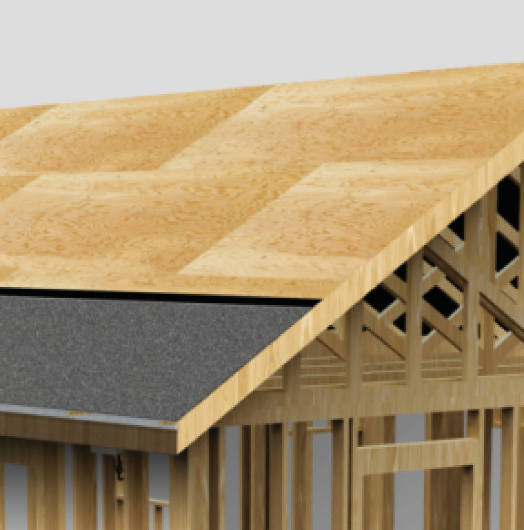 The wooden house roof under construction features visible framing and partial sheathing, enhanced with Stormtite technology, set against a neutral background.