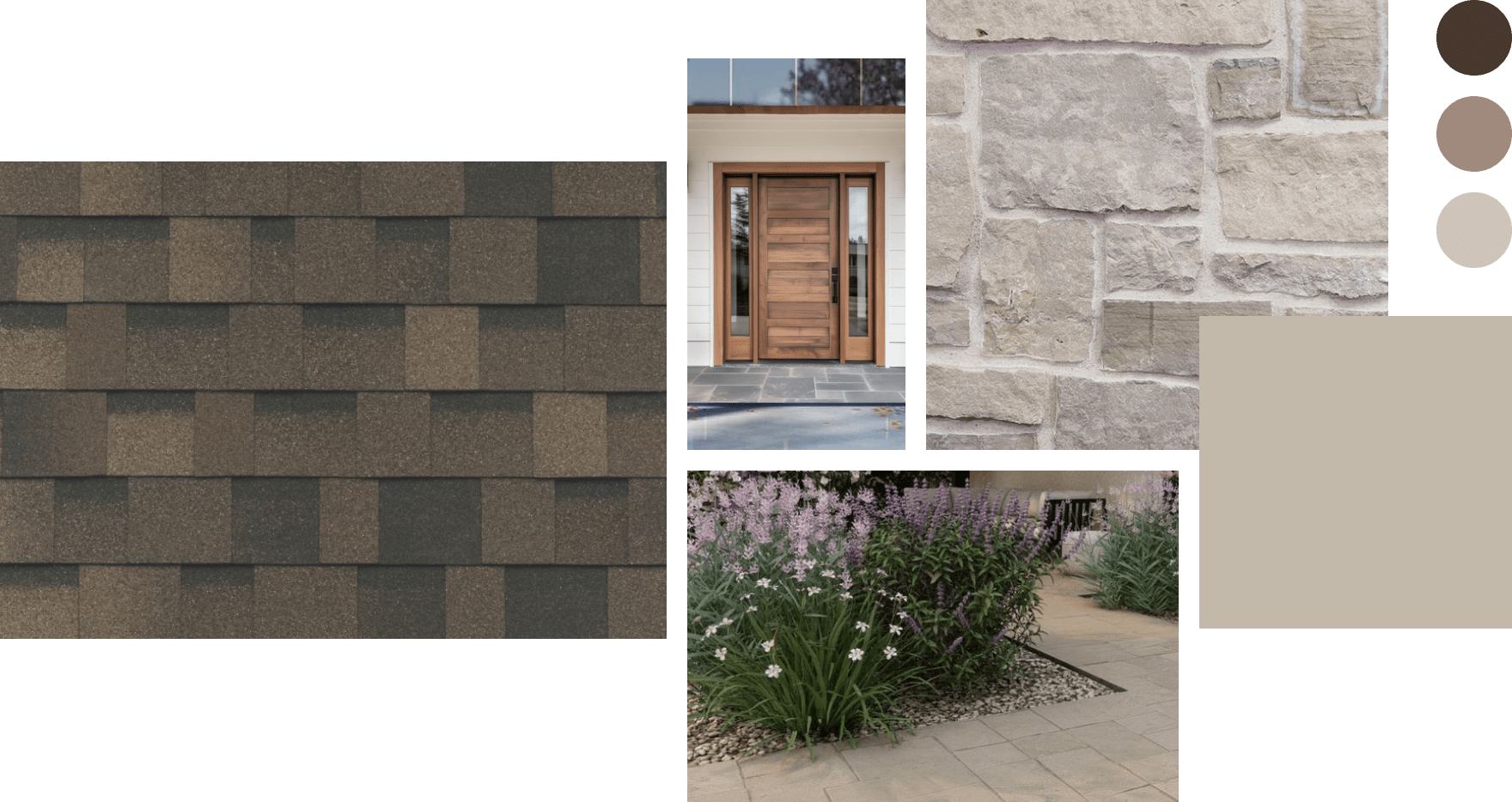 Collage featuring brown shingles, a wooden door, stone wall, and pink flowers flanking a stone pathway. Color swatches in brown, gray, and beige are included.