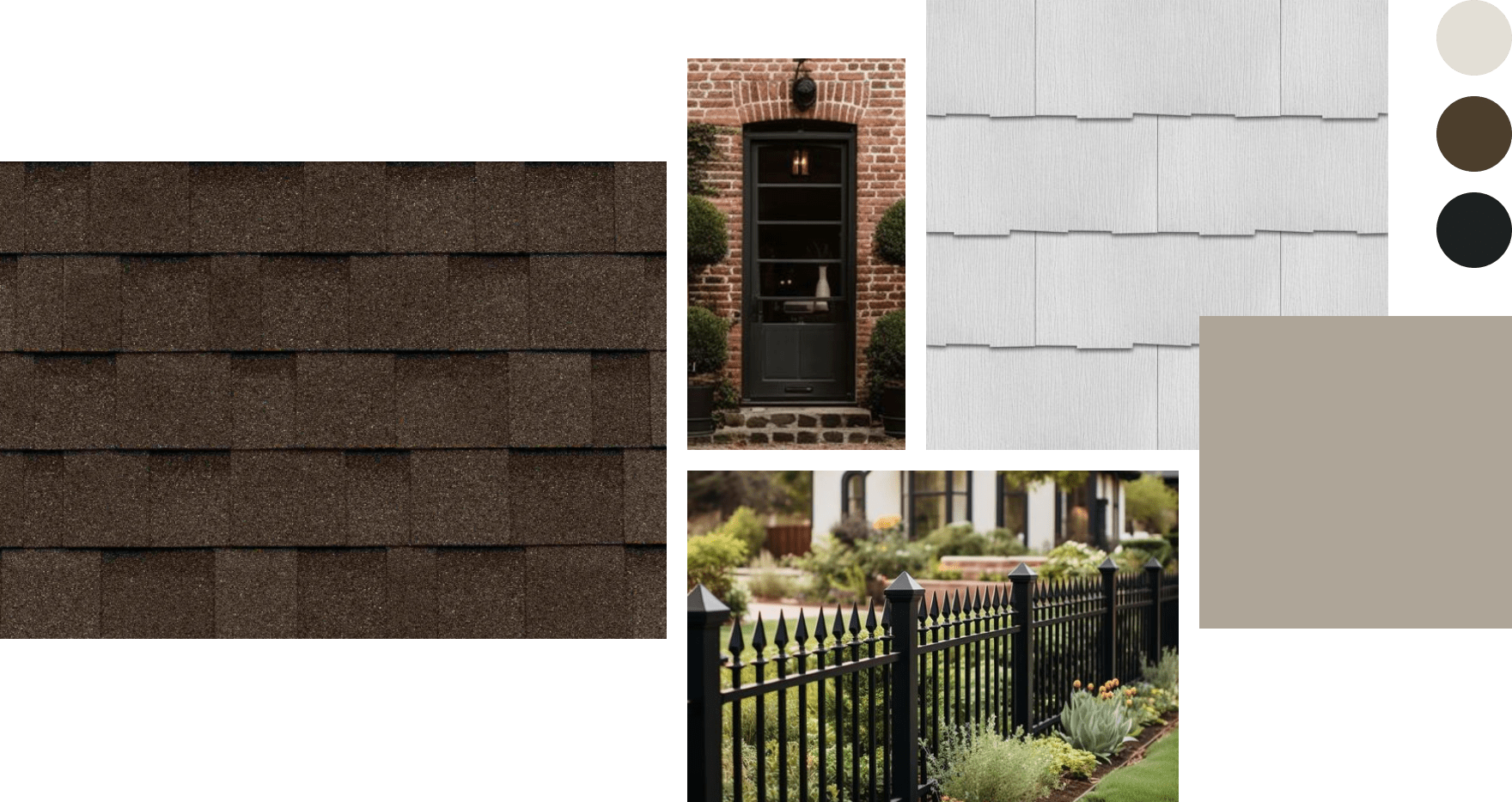 Collage with brown roof shingles, brick house with black door, white wall panels, black fence with garden, and color swatches in white, brown, and dark green.