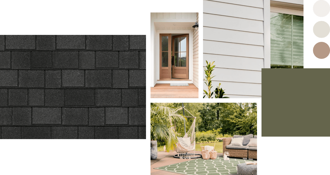 Exterior home design collage serves as inspiration, showcasing dark roof shingles, white siding with window and door, and an outdoor seating area with plants and rug. Accompanied by three color swatches, this design offers a harmonious blend for your dream home.