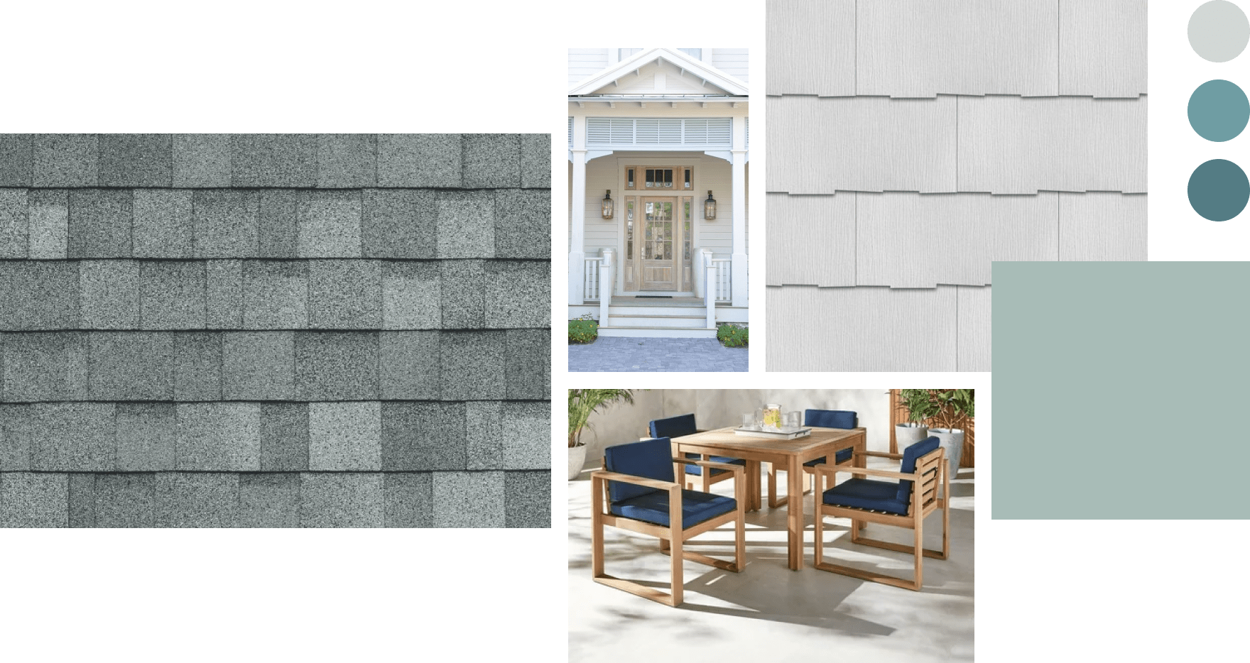 Collage featuring gray roof shingles, a front porch with steps, white siding samples, a wooden outdoor dining set with blue cushions, and three color swatches: green, gray, and blue.