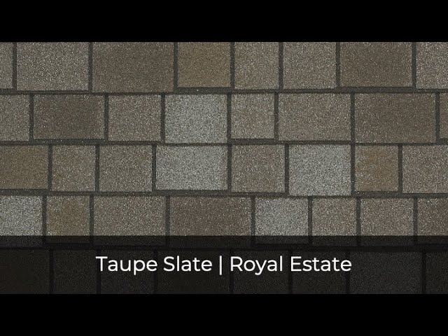 Image of taupe slate roofing shingles with a blend of gray and brown shades, showcasing the sophisticated IKO Roof Shingle Colors. Text at bottom: "Taupe Slate | Royal Estate.