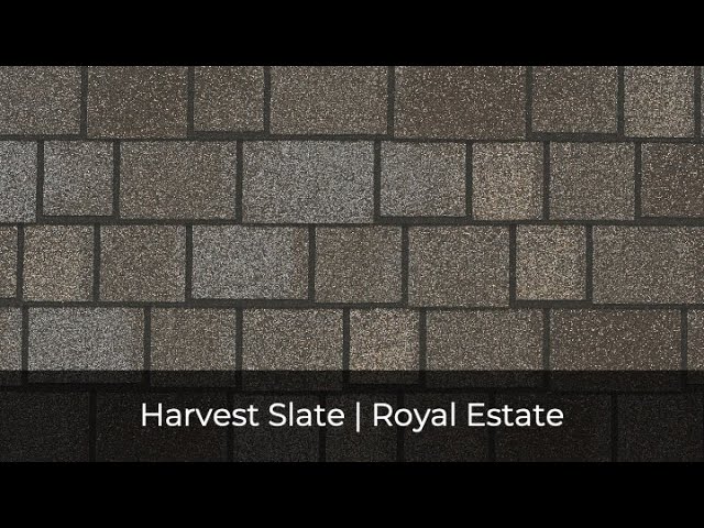 Close-up of a textured roofing surface showcasing IKO Roof Shingle Colors with rectangular composite shingles in shades of brown and gray. The text reads "Harvest Slate | Royal Estate" at the bottom.