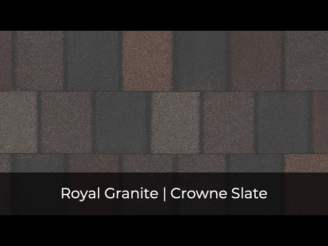 Roof shingles in alternating shades of dark gray and brown with text at the bottom: "Royal Granite | Crowne Slate." Discover elegance with IKO Roof Shingle Colors.