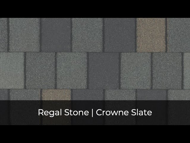 Rectangular roofing tiles with a textured surface in varying shades of gray and brown showcase the IKO Roof Shingle Colors. Text at the bottom reads, "Regal Stone | Crowne Slate.