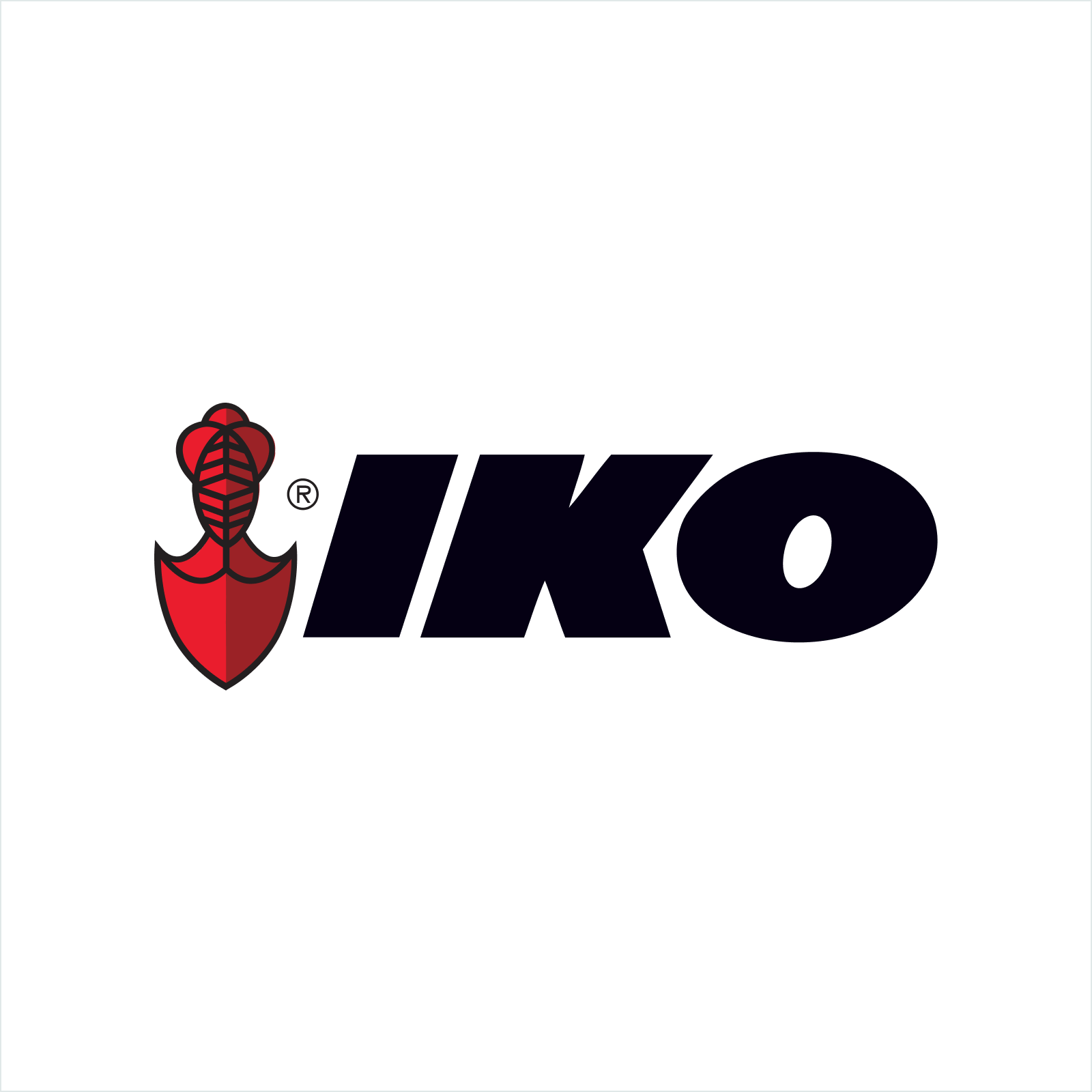 The primary logo of IKO features a stylized red shield emblem on the left, seamlessly paired with bold black letters "IKO" on the right.