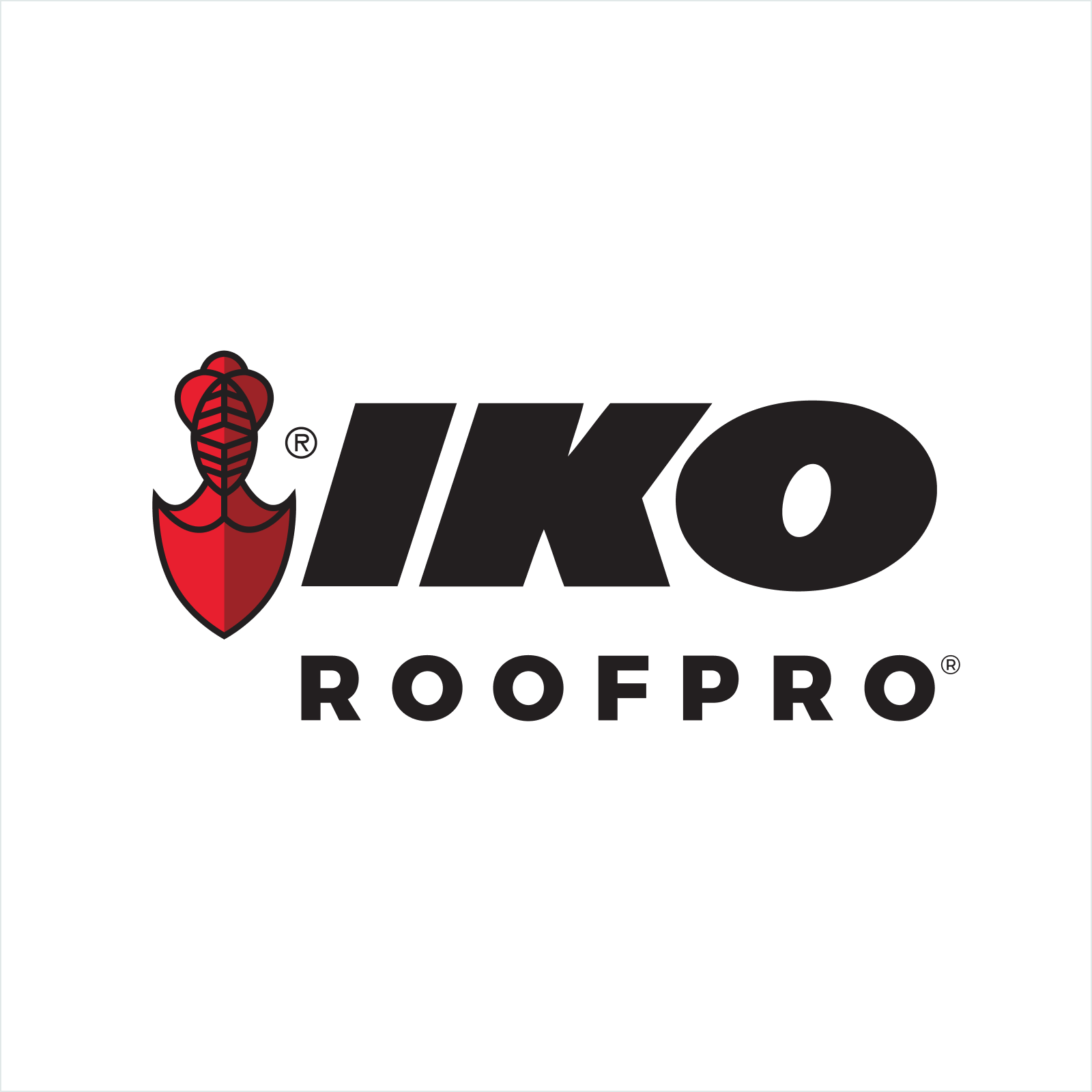 The IKO ROOFPRO logo boasts a stacked design, showcasing a red shield-like emblem with black and red elements on the left, complemented by bold black text that reads "IKO Roofpro" set against a clean white background.