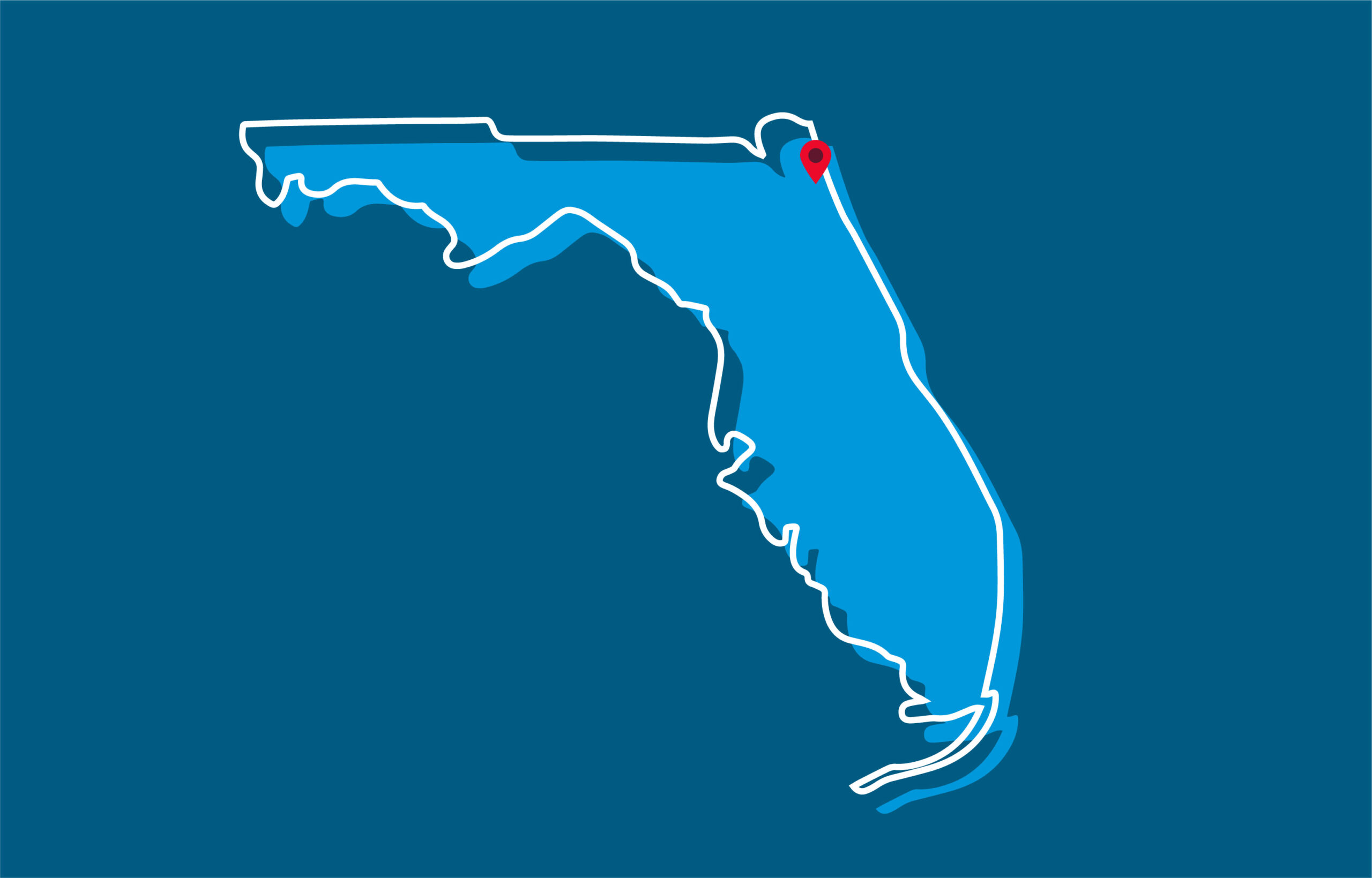 Outline of Florida with a red marker near the northern part on a blue background.