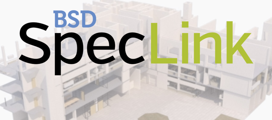 Logo of BSD SpecLink with a digital building design in the background.