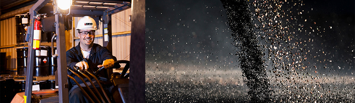 Man in a hard hat operates a forklift indoors; adjacent image shows particles spiraling in motion.