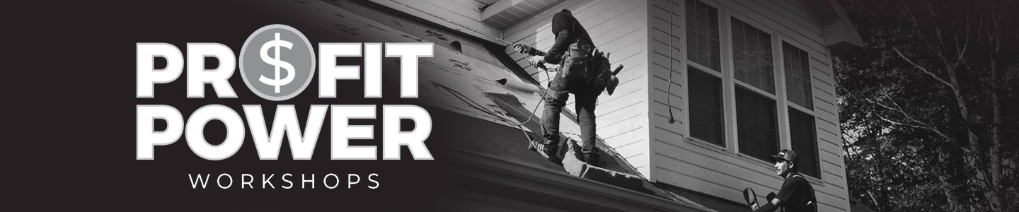 Two workers on ladders repair the exterior of a building next to a "Profit Power Workshops" logo.