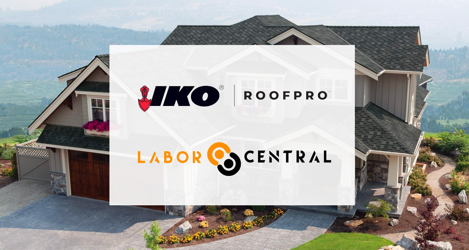 House with grey roof in a landscaped setting. Overlay text: "IKO RoofPro" and "Labor Central" logos.