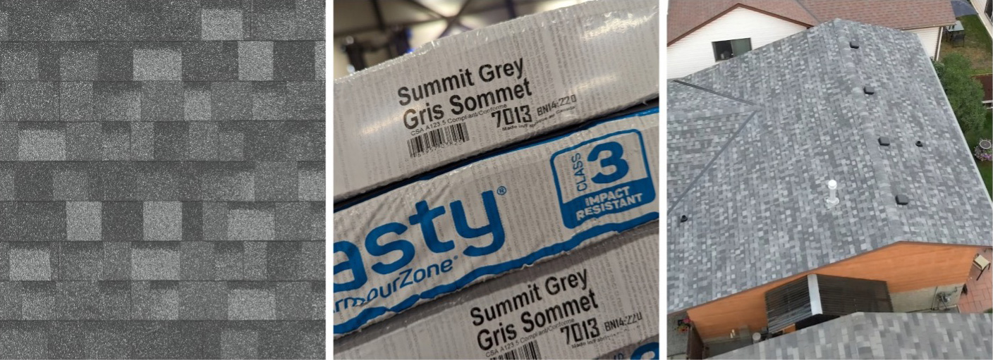 Shingles in close-up, labeled "Summit Grey Gris Sommet," are shown in a package and installed on a house roof.