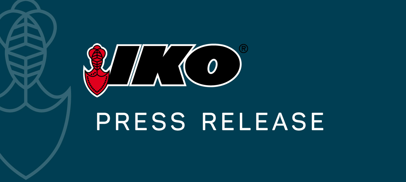 IKO press release graphic with a dark blue background, featuring the IKO logo and text.