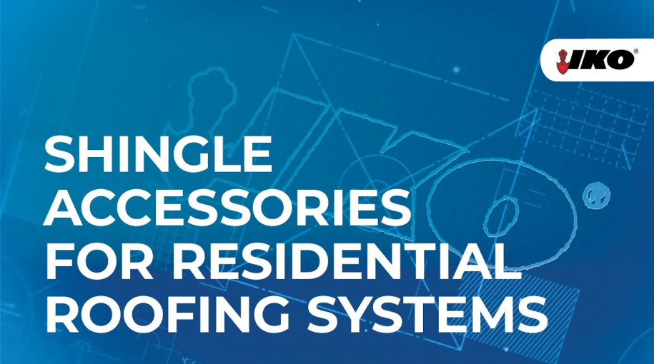 Blueprint-style background with the text: "Shingle Accessories for Residential Roofing Systems" and a logo in the top right corner, perfectly capturing the essence of advanced roofing systems designed for residential applications.