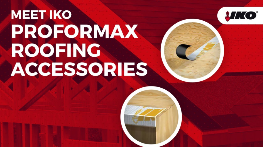 Discover IKO Proformax Roofing Accessories featured in this advertisement, showcasing top-quality roofing materials against a striking red building background.