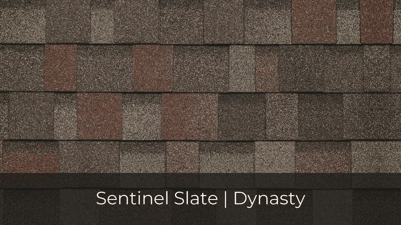 Close-up of textured IKO Roof Shingle in various shades of brown and gray, capturing the intricate details. The image is aptly labeled "Sentinel Slate | Dynasty.