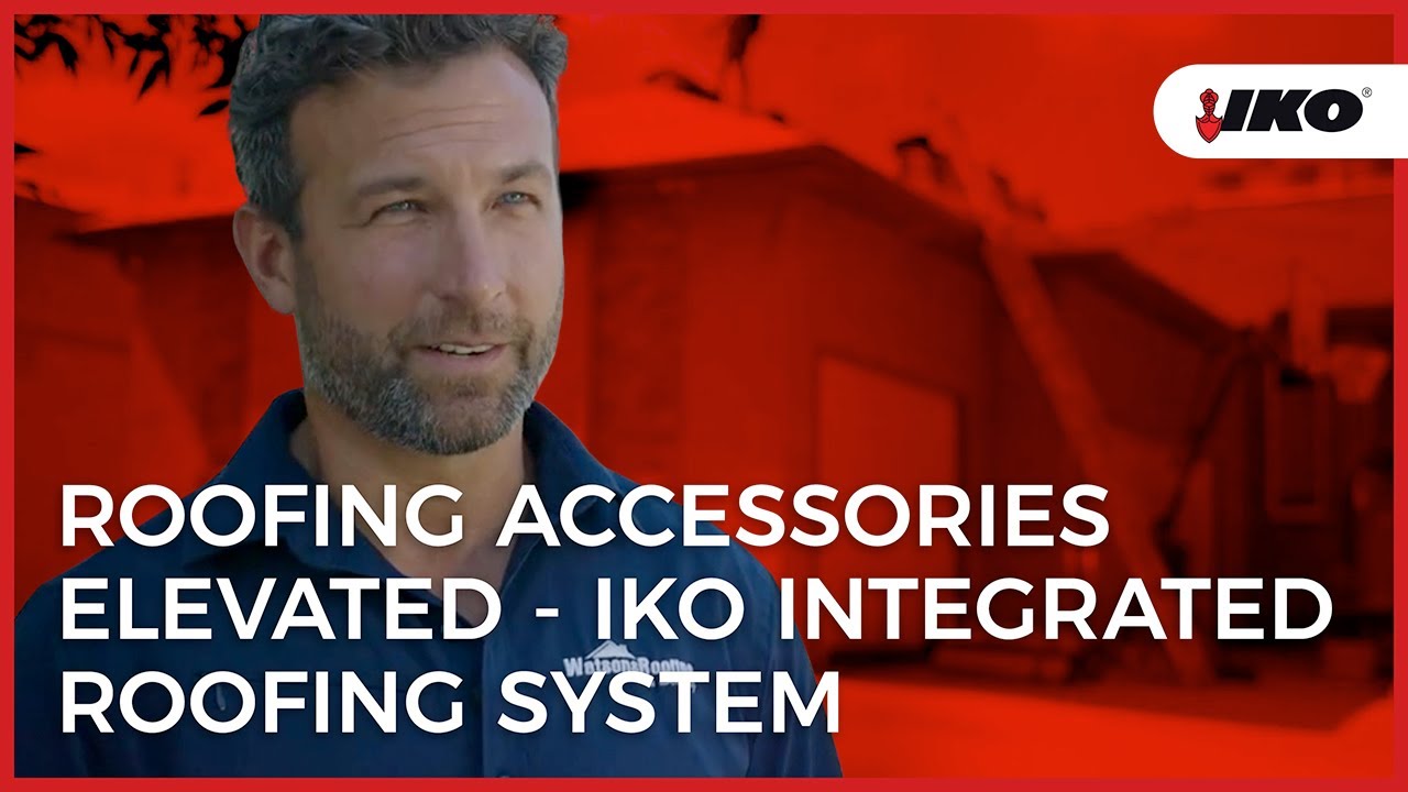 In a promotional video with a striking red backdrop and the IKO logo, a man highlights how Roofing Accessories are elevated with the IKO Integrated Roofing System.